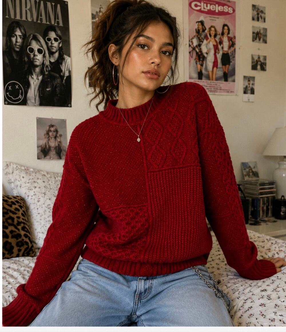 Vintage American Eagle Red Patchwork Cable Knit Mock Neck Sweater 90s Y2K Small
